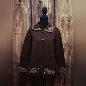 Woolrich Cabernet 100% Wool Chunky Sweater Floral Embelished Womens LP